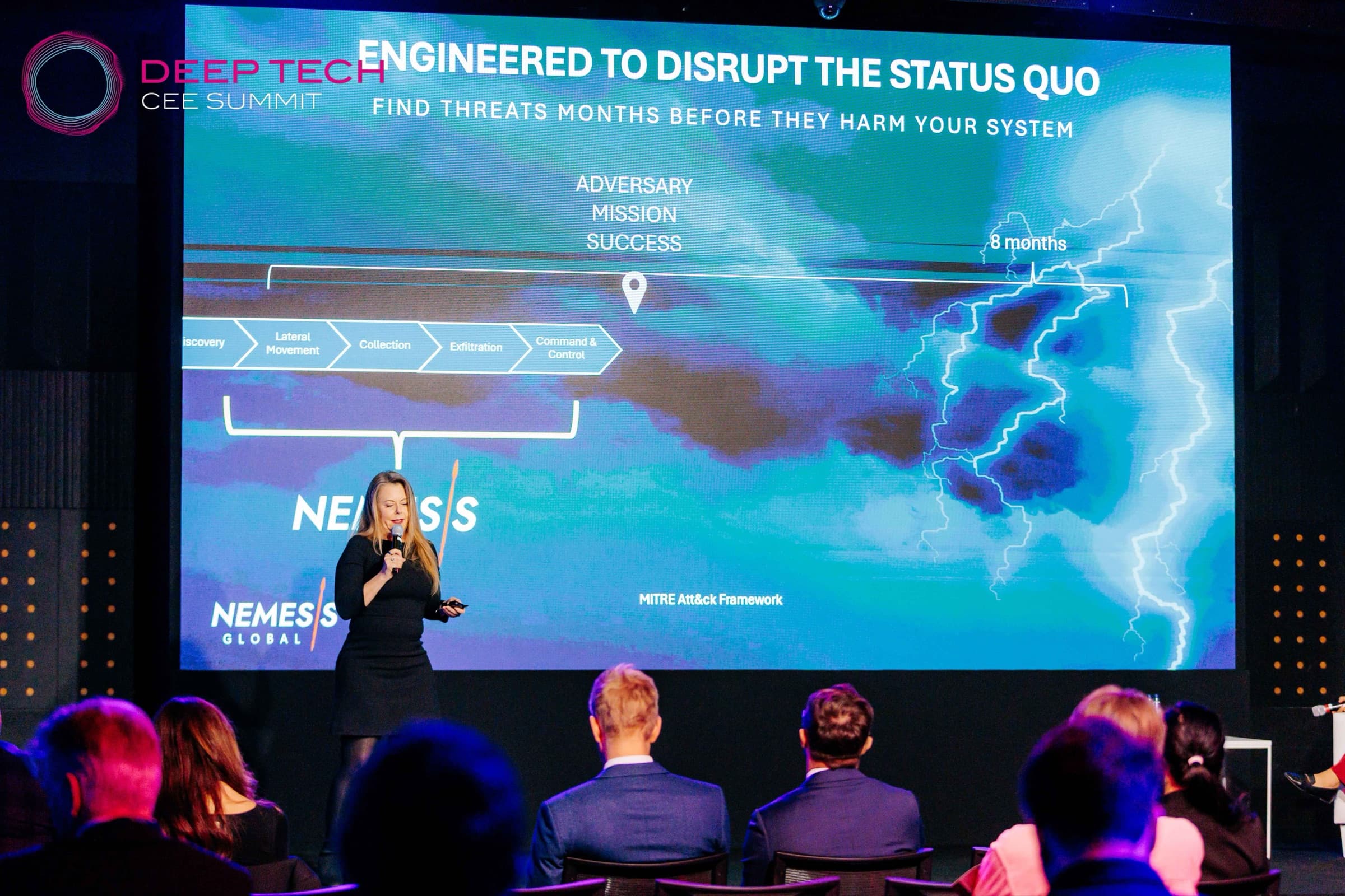 A speaker presents cyber threat detection on the main stage at Deep Tech CEE Summit 2025